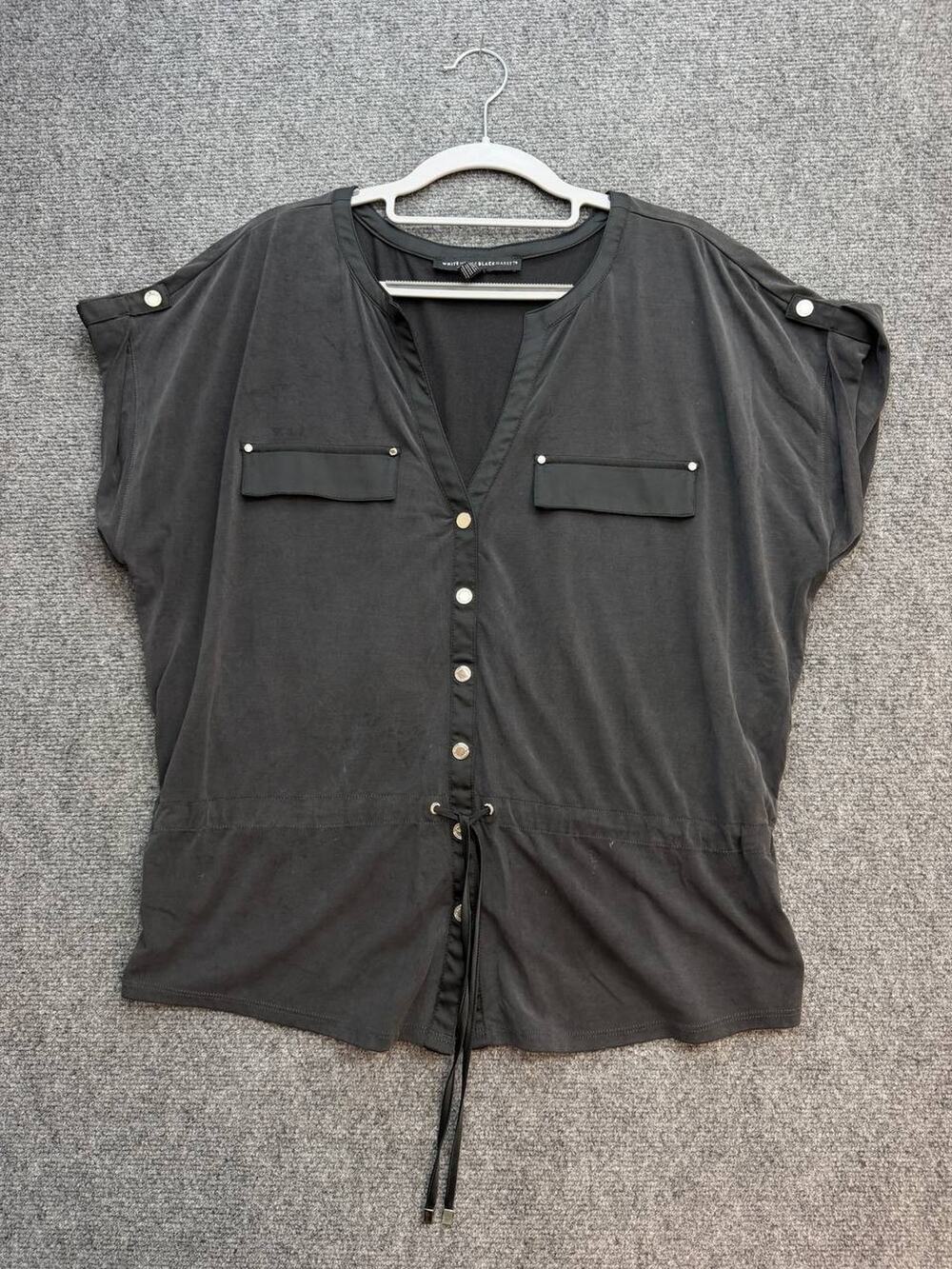 White House Black Market L Black Utility Blouse Gold Buttons Drawstring Waist